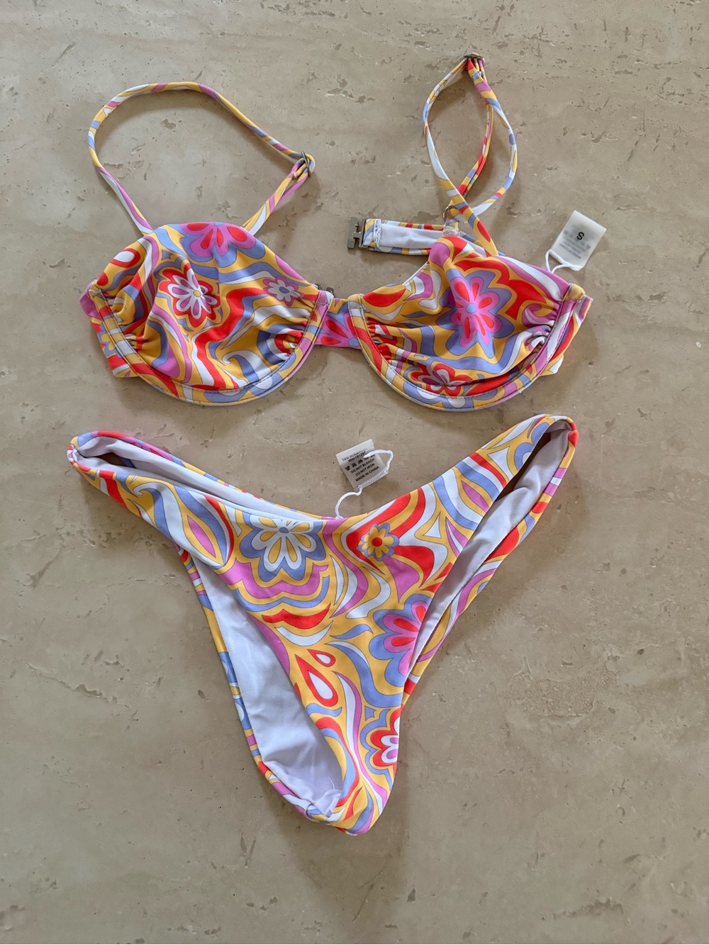 Retro Floral Underwire Bikini Set in Pink, Yellow & Lavender